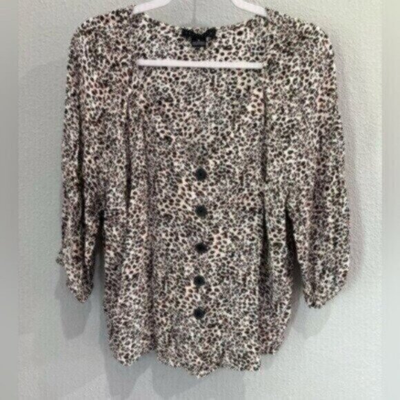 Anthropologie Boho Neutral Blouse Top Leopard Print Flowy Chic Mod Blouse - Picture 1 of 6